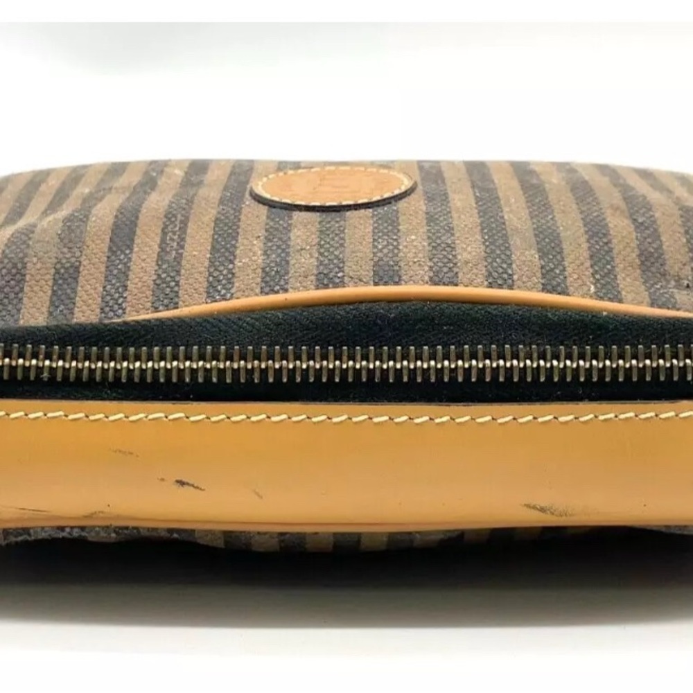 Auth Fendi Pequin Striped Canvas × Leather Beige Shoulder Bag - Picture 3 of 16